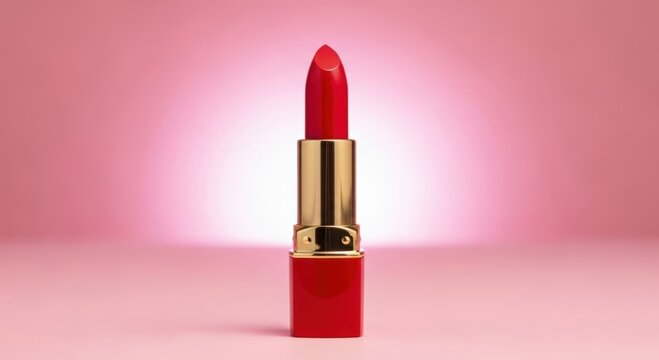 Vibrant red lipstick tube with gold band, bullet extended showing perfect application tip on soft pink seamless background with subtle glow