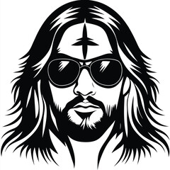 portrait shows an Asian man with a beard and long hair wearing sunglasses