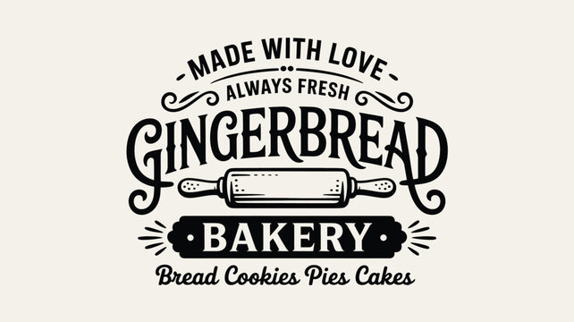 Vintage style gingerbread bakery logo with rolling pin and text made with love always fresh silhouette