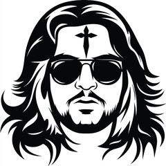 Monochrome drawing showcases a man's face with sunglasses, long hair, beard, and cross