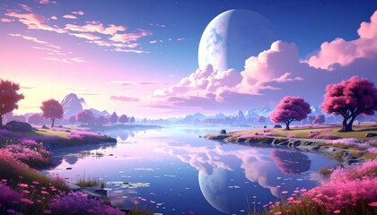 Enchanting cosmic lake landscape with vibrant colors, trees, and celestial reflection