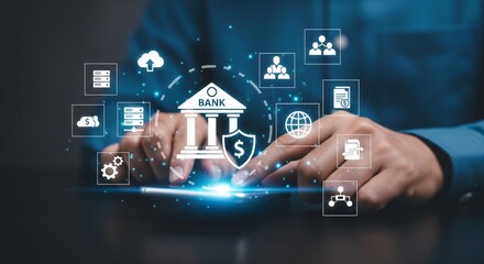 Businessman Using Smartphone with Secure Banking Hologram and Digital Finance Icons