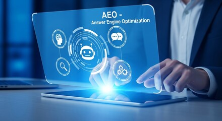 Businessman Using Tablet with AEO Hologram Interface and AI Icons