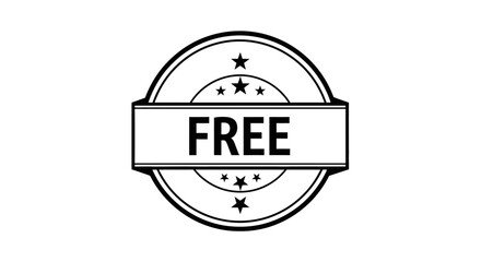 Black and white circular stamp with a banner displaying the word FREE, isolated on a white background.