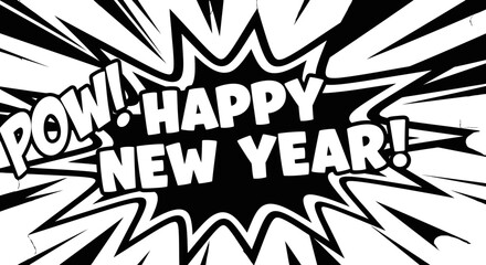 Comic book style Happy New Year message with explosion effect.