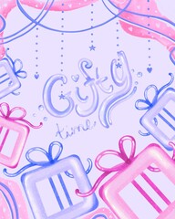 Cute illustration for Christmas or Birthday card with bright glossy gift boxes and hand drawn lettering Gifty time. Pink and purple tones 