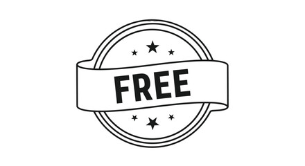 Black and white line art icon of a circular seal with a ribbon banner that says FREE.