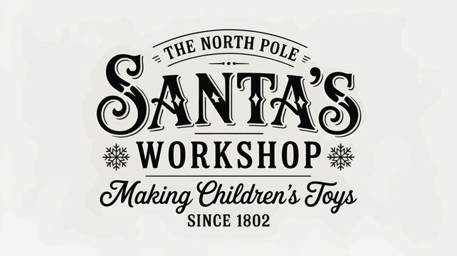 Vintage santa s workshop logo from the north pole making children s toys since 1802 in a classic black and white silhouette