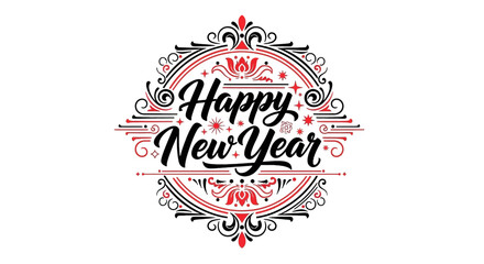 Obraz premium Ornate decorative text design wishing a Happy New Year with intricate patterns and a red and black color scheme.