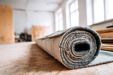 Rolled carpet on wooden floor during home renovation and interior remodeling