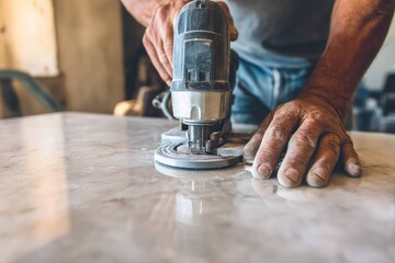 Skilled craftsman polishing marble surface with power tool in workshop setting