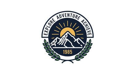A vintage outdoor adventure emblem featuring mountains, a rising sun, and a laurel wreath with text 'EXPLORE ADVENTURE ACHIEVE' and the year 1985.