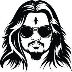 Person with long hair and sunglasses has a tilak on their forehead