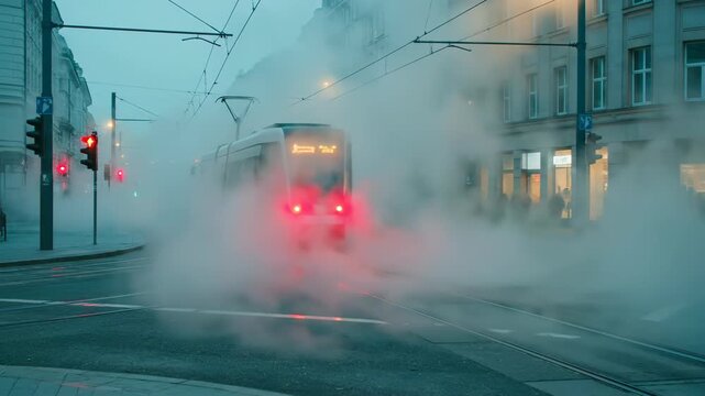 Tram navigating foggy urban street at night. Electric vehicle moving through mist toward red traffic light. City transport in blurred atmospheric conditions.