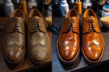 Classic brogue Oxford shoes before and after leather restoration polishinп