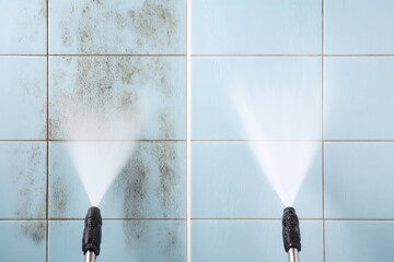 High-pressure water cleaning on dirty tiles demonstrating powerful washing and surface renewal