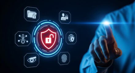 Cybersecurity Interface with Unlocked Shield and Digital Protection Icons
