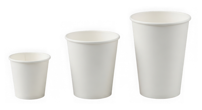 Three white paper cups of varying sizes on a black background