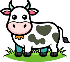Cute cow eating grass icon, cartoon outline