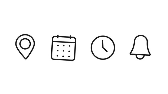 Time, date, and address notification icon animation. Modern alert pop-up reminder for events, meetings, schedules, timelines, and location updates in mobile apps or digital interfaces.