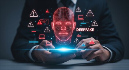 Deepfake Warning Hologram Above Smartphone with Cybersecurity Alerts