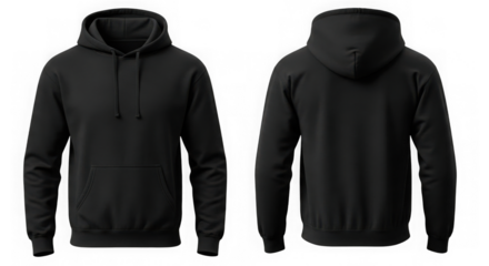 Front and back view of a plain black hooded sweatshirt