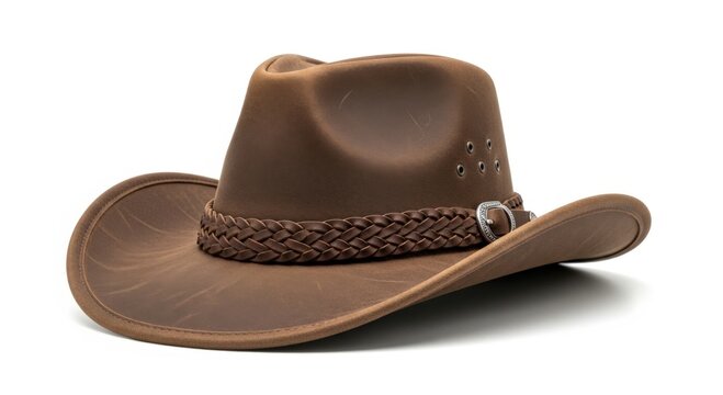 Classic brown leather retro cowboy hat with wide brim and band detail isolated on white background evoking western style