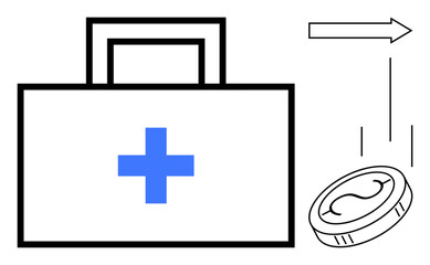 Obraz premium First aid kit with blue cross, falling coin, and arrow indicating monetary direction. Ideal for healthcare financing, medical costs, insurance, investment, savings financial aid economy. Simple