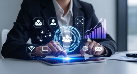 Digital Network Communication Interface with Holographic People and Connectivity Icons