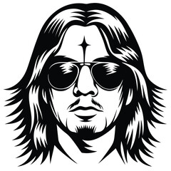 Monochrome man portrait displaying long hair with sunglasses and a mustache in art