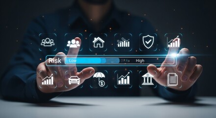 Digital Risk Assessment Interface With Hologram Icons in Business Environment