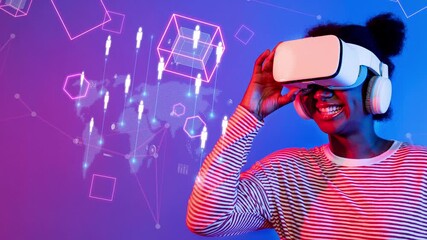 A joyful woman experiences a virtual reality adventure, wearing a VR headset and headphones, with vibrant digital graphics capturing the essence of technology and innovation. Raster - Powered by Adobe