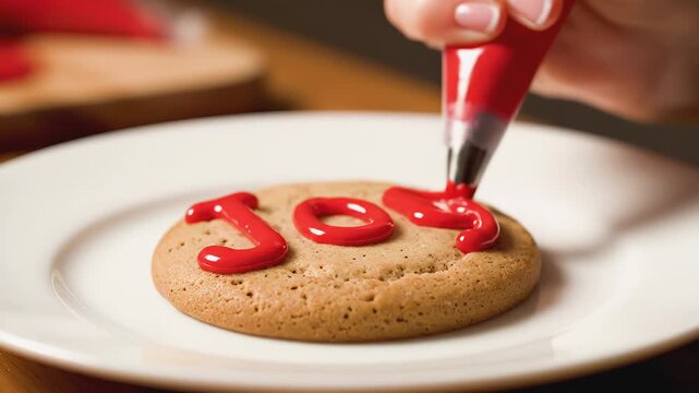 Hand decorating a cookie with red icing in a close-up shot, showcasing the artistic process and creativity, camera zooms in on the details