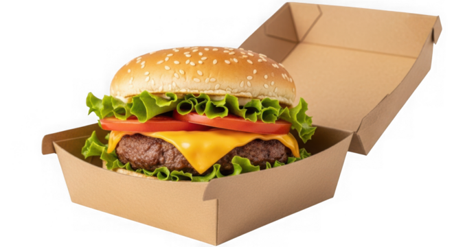 Juicy cheeseburger in a cardboard takeout box with a black background