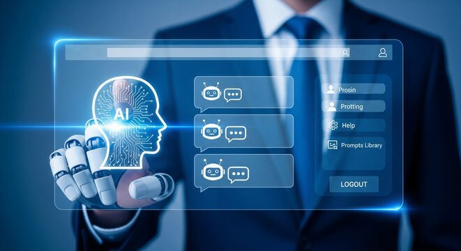 Futuristic AI Chat Interface with Robotic Hand Touching Holographic Dashboard