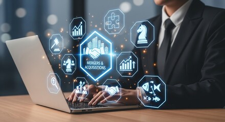 Futuristic Mergers and Acquisitions Interface with Holographic Business Icons