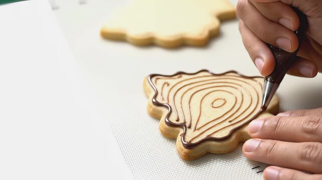 Skilled baker decorates festive cookie with intricate icing design, showcasing detailed craftsmanship and camera zooming in on the creative process