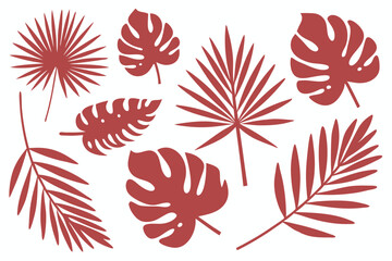 Maroon tropical leaf set displays various palm and monstera forms against a plain white background