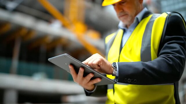 Tablet as primary focus, faceless engineer slightly blurred, construction framework also defocused, smooth lighting, with copy space
