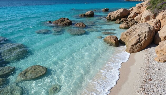 Tropical beach with clear water, sandy shore, and rocky landscape   - Powered by Adobe