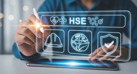 HSE Safety Management Concept with Futuristic Hologram Icons