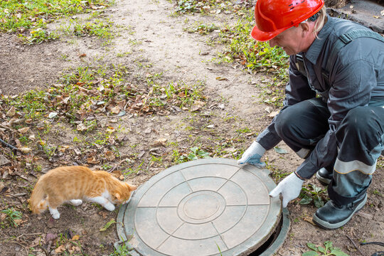 A utility worker in a hard hat opens a manhole cover, while a curious ginger cat watches him. Septic tank maintenance