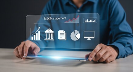 Risk Management Hologram Interface Displayed Above Digital Tablet in Business Concept