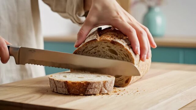 Woman slicing fresh loaf of bread on wooden cutting board. Kitchen food preparation sequence showing cutting technique with knife. Home baking and meal prep concept.