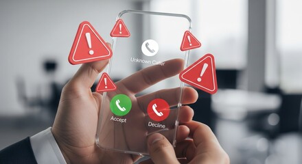 Unknown Caller Warning on Transparent Smartphone with Alert Icons