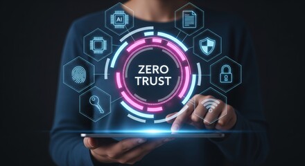 Zero Trust Cybersecurity Interface with Holographic Icons Above Tablet