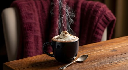 Steaming hot chocolate with whipped cream on a wooden table indoors