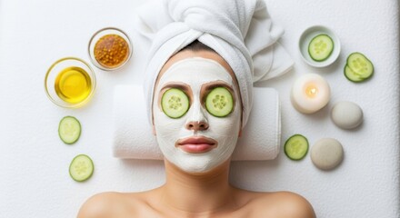 Top-view of woman at spa with creamy facial mask, white towel turban, cucumber slices over closed eyes, soft white towels, serene spa products, ultimate relaxation