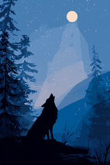 Silhouette of a howling wolf under a bright moon in a starry blue night forest