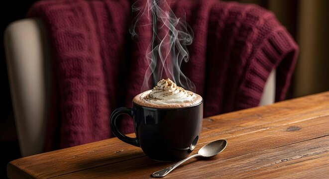 Steaming hot chocolate with whipped cream on a wooden table indoors
